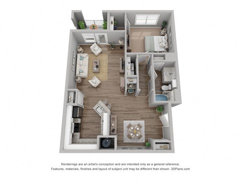 Floor plan for 1 bed, 1 bath, 880 sqft